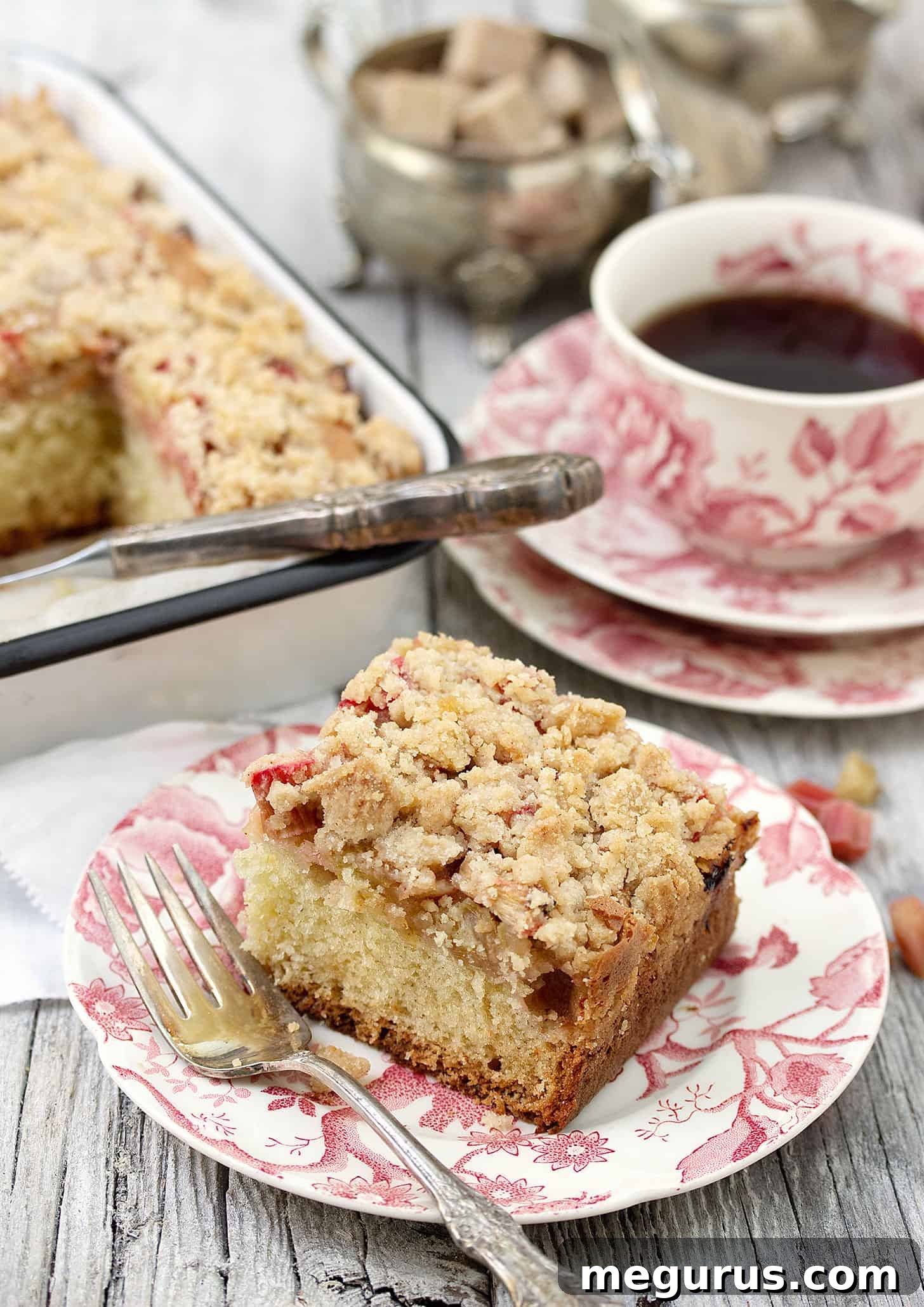 Close-up of Rhubarb Coffee Cake showing the crumb topping