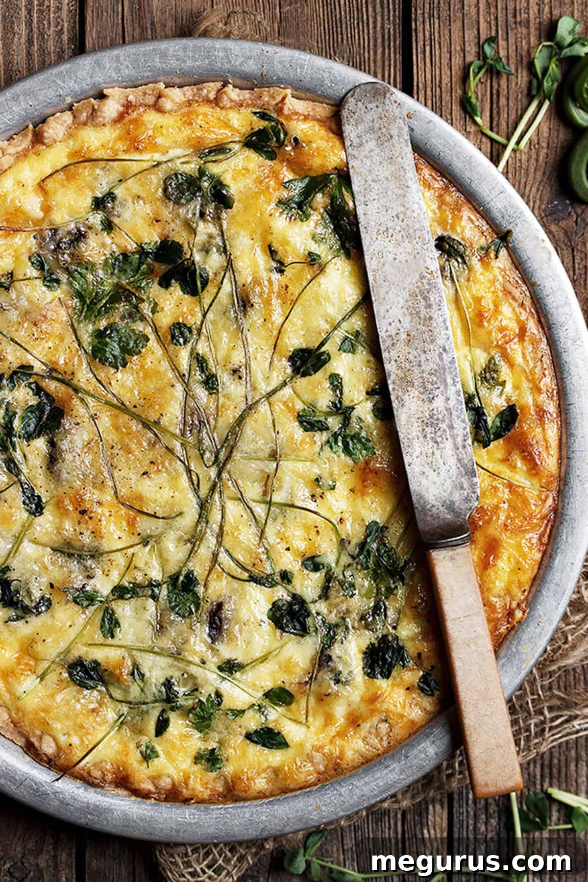 A close-up of a slice of fiddlehead quiche, revealing the vibrant green fiddleheads, golden cheese, and delicate crust.