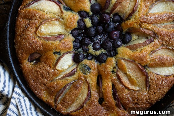 a whole blueberry peach skillet cake, baked to golden perfection in a cast iron pan