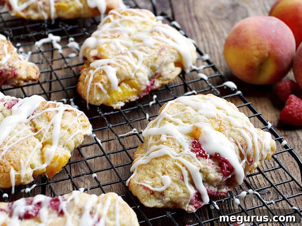 Freshly baked peach and raspberry scones on a cooling rack, glistening with glaze.