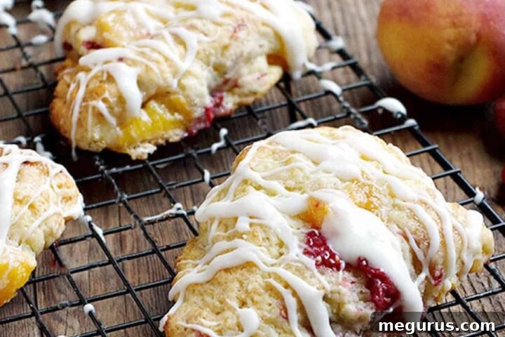 Delicious peach raspberry scones drizzled with a sweet white glaze.