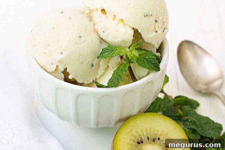 kiwi ice cream scooped in cup with sliced kiwis