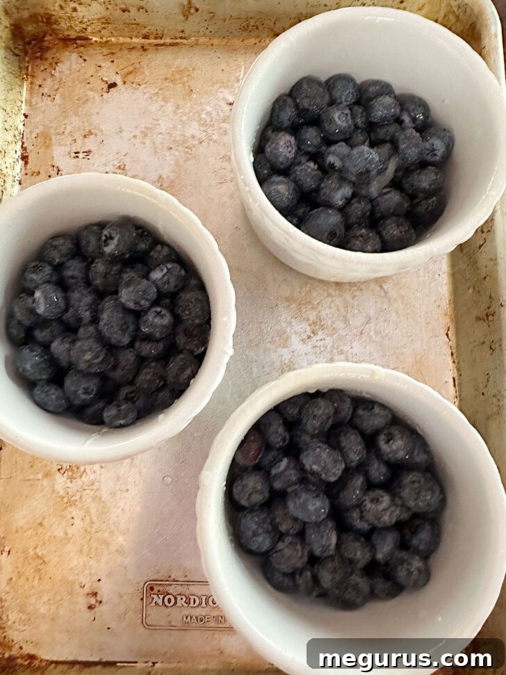 Fresh blueberries tossed with sugar, resting in individual ramekins on a baking sheet, ready for the cake batter.