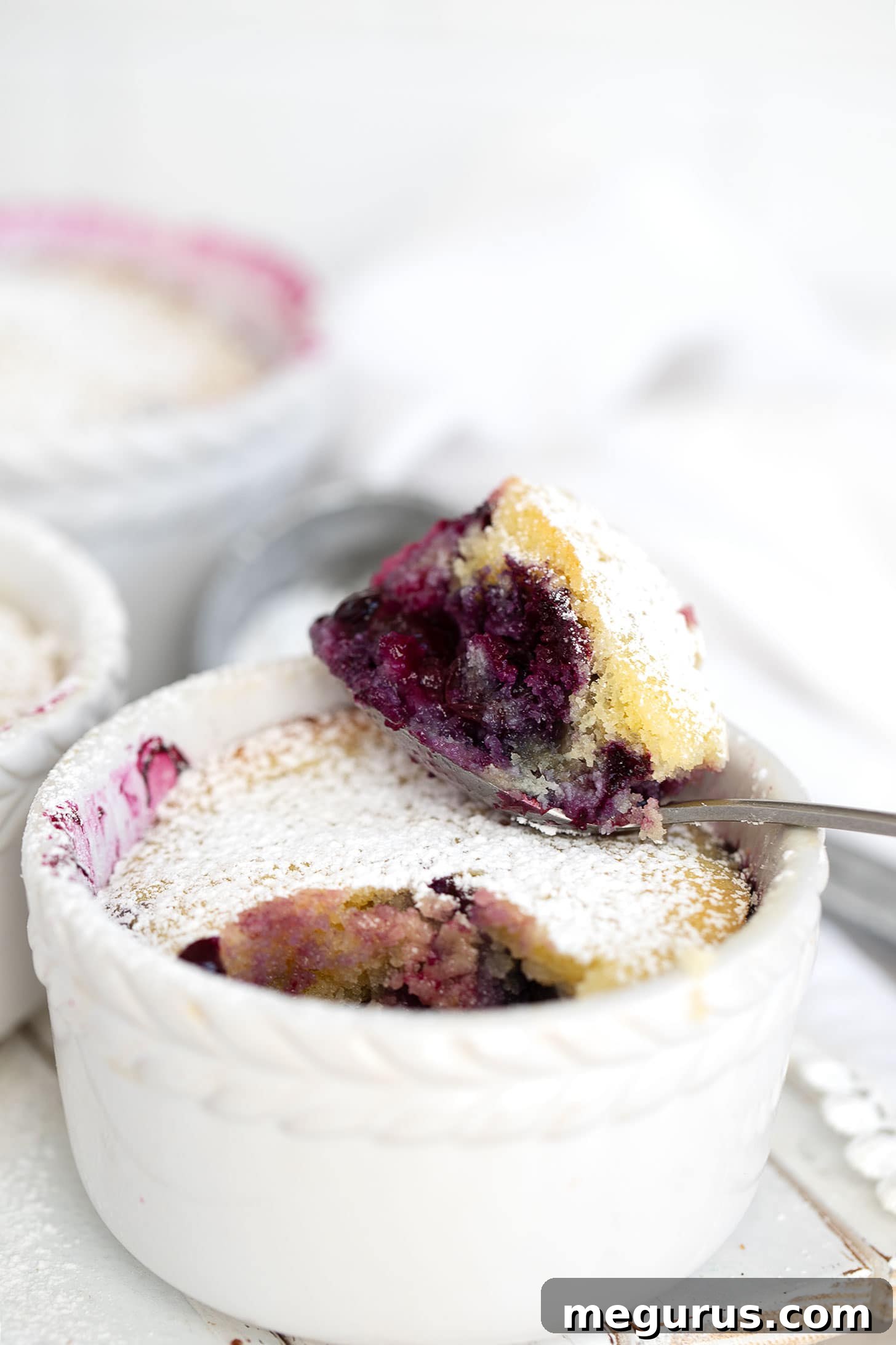 Close-up of a blueberry pudding cake in a ramekin, showcasing the perfectly baked, golden cake top and the rich, saucy blueberry layer peeking out from underneath.