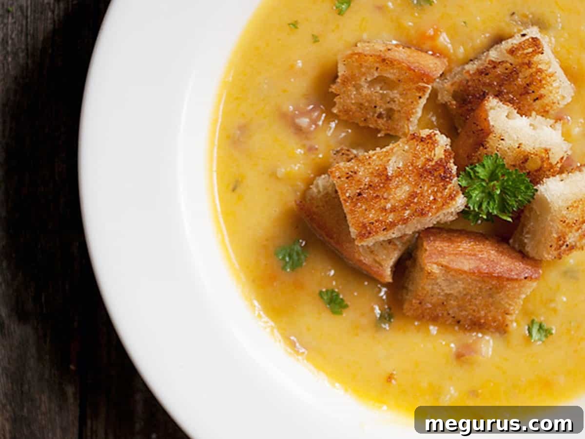 Delicious Butternut Squash Chowder with crispy bacon croutons