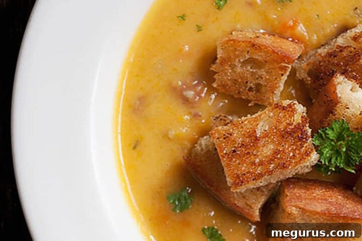 butternut squash chowder in bowl with bacon croutons