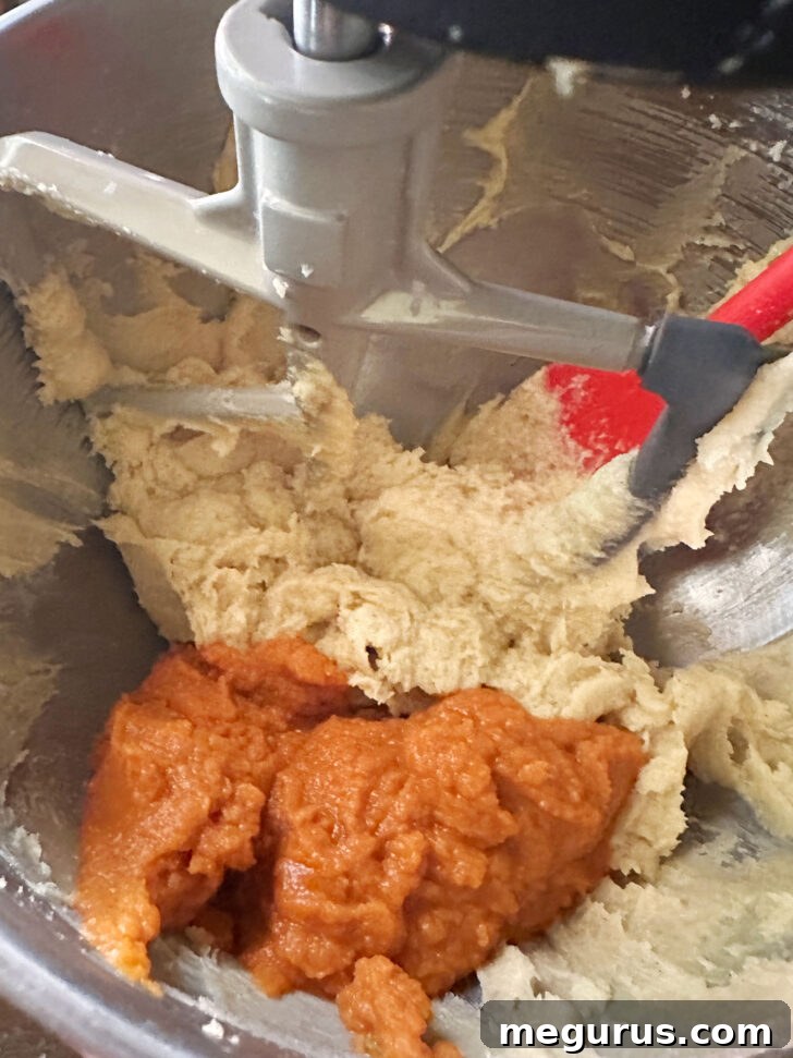 adding pumpkin puree to the cookie dough