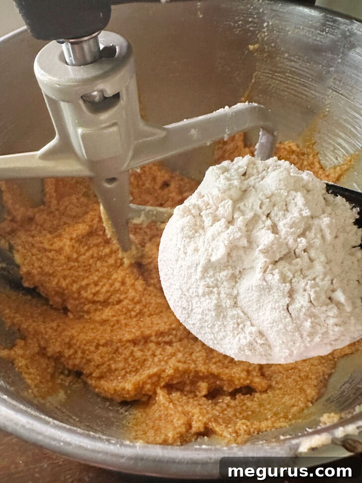 adding dry ingredients to the pumpkin cookie dough