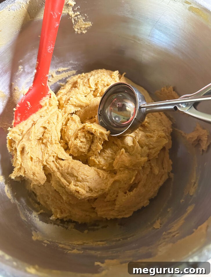 finished pumpkin cookie dough in a bowl with a cookie scoop