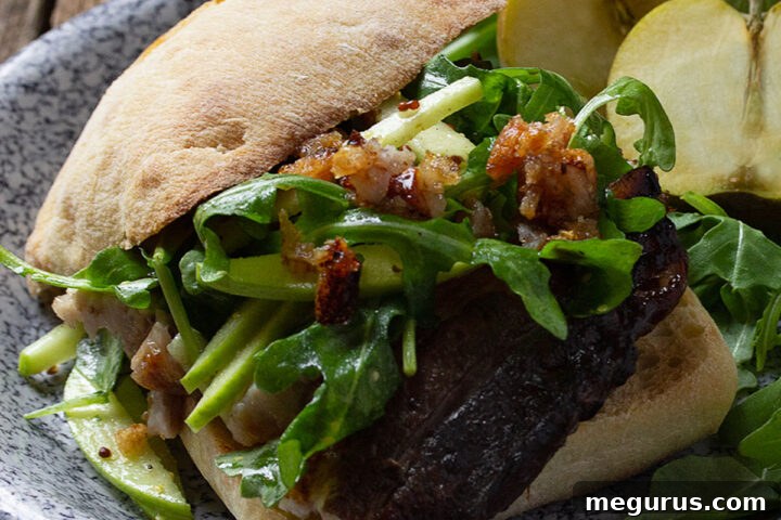 Overhead shot of an apple braised pork belly sandwich