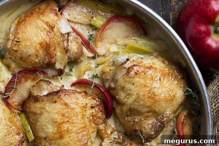 Chicken with Apples and Leeks simmering in a pan
