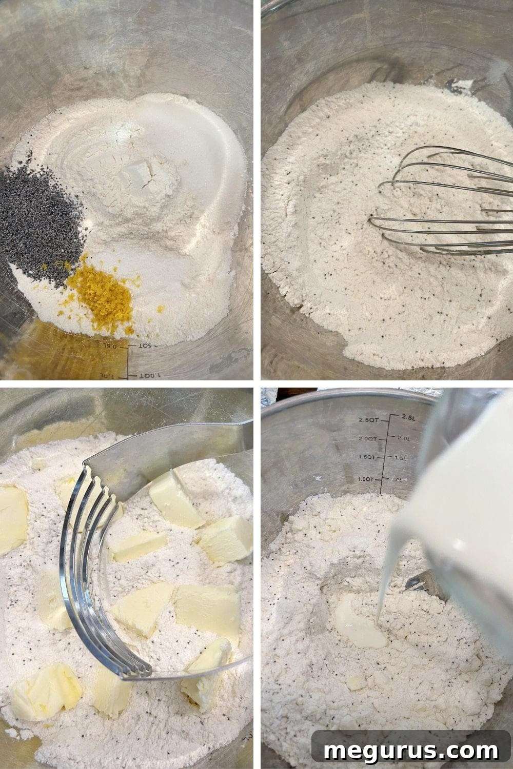 photo collage of steps to make scones 1, mixing dry ingredients