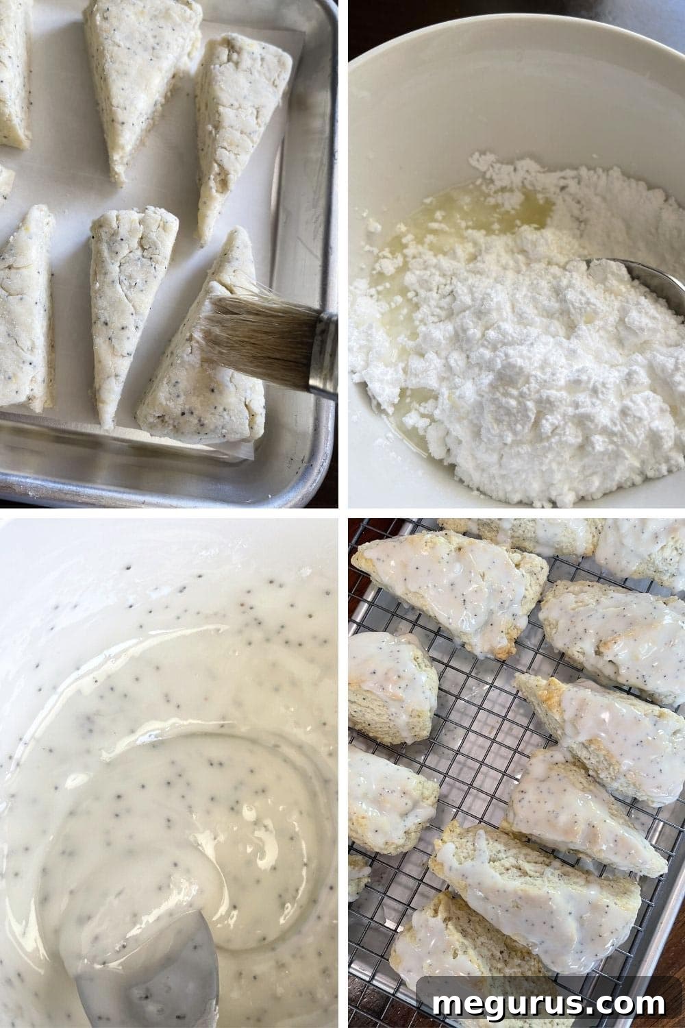 photo collage of steps to make lemon poppyseed scones 3, cutting scones into wedges