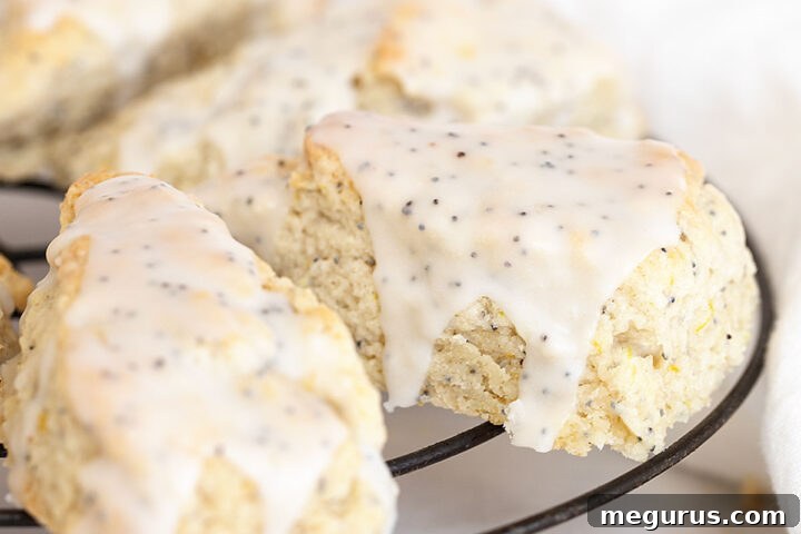 close-up of glazed lemon poppy seed scones