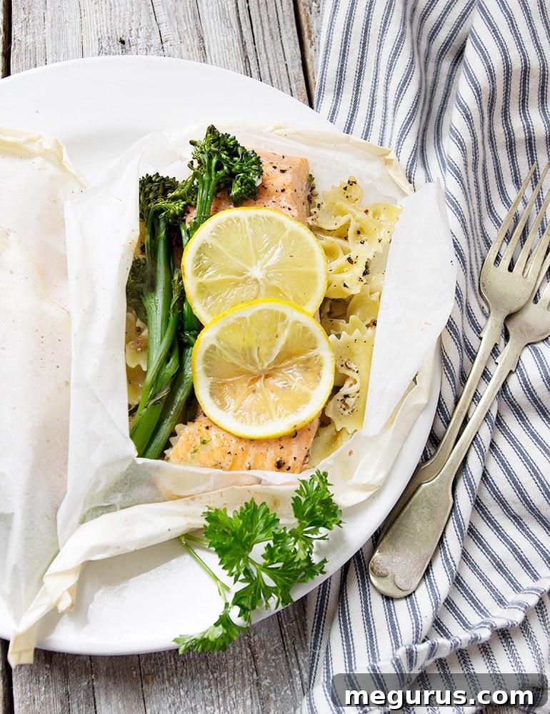 Rainbow Trout and Pasta beautifully enclosed within a parchment paper packet, ready for oven baking