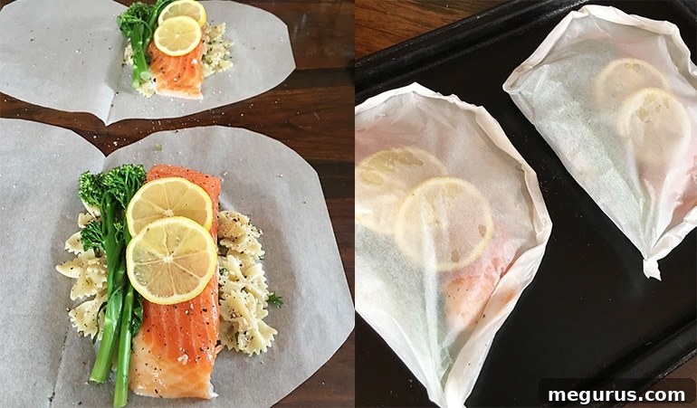 Illustrative step-by-step image showing how to fold a parchment paper heart packet for cooking en papillote