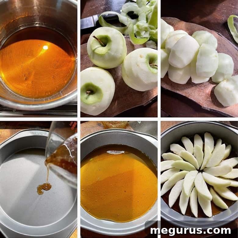 Photo collage showing steps to prepare the maple syrup base and arrange apples in the pan for upside-down cake