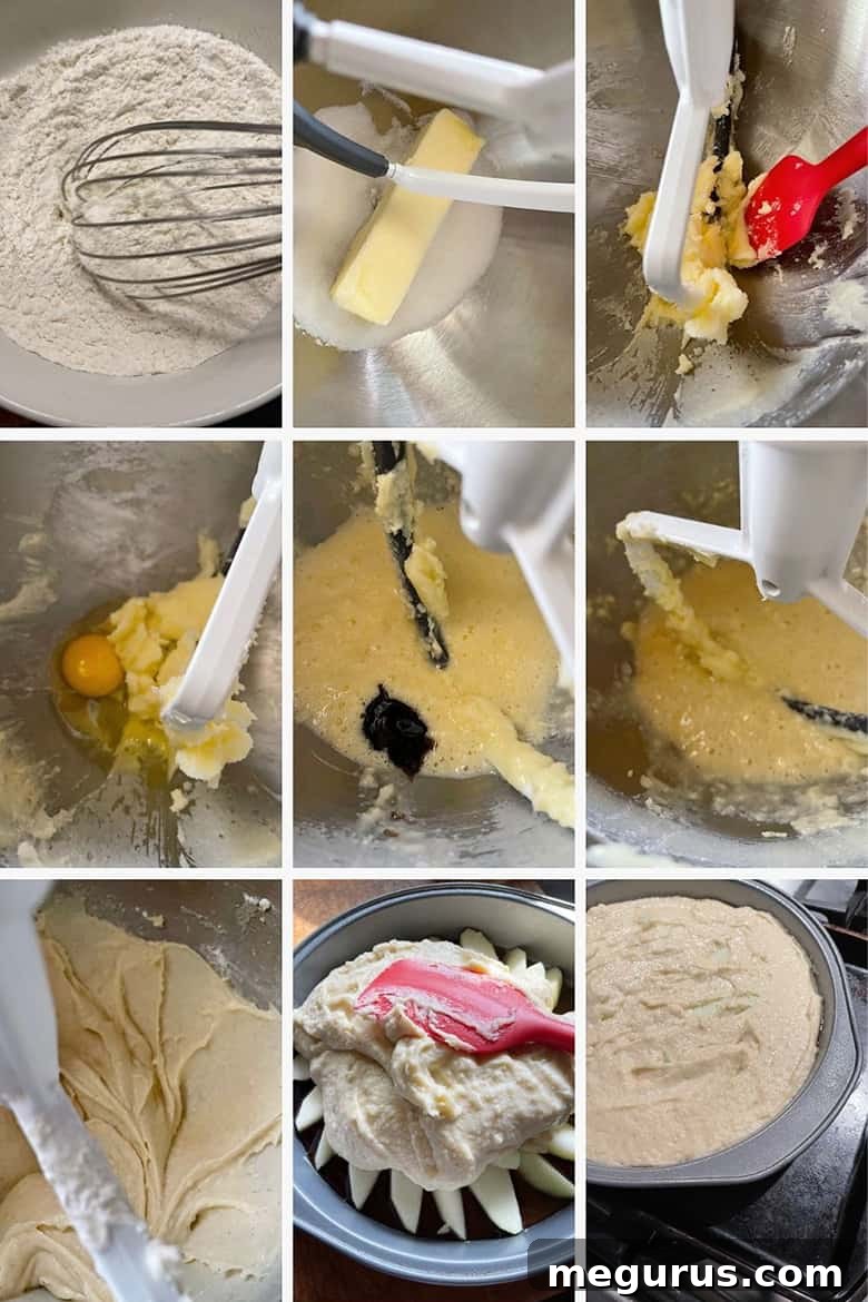 Photo collage showing steps to prepare the cake batter and spread it over the apples