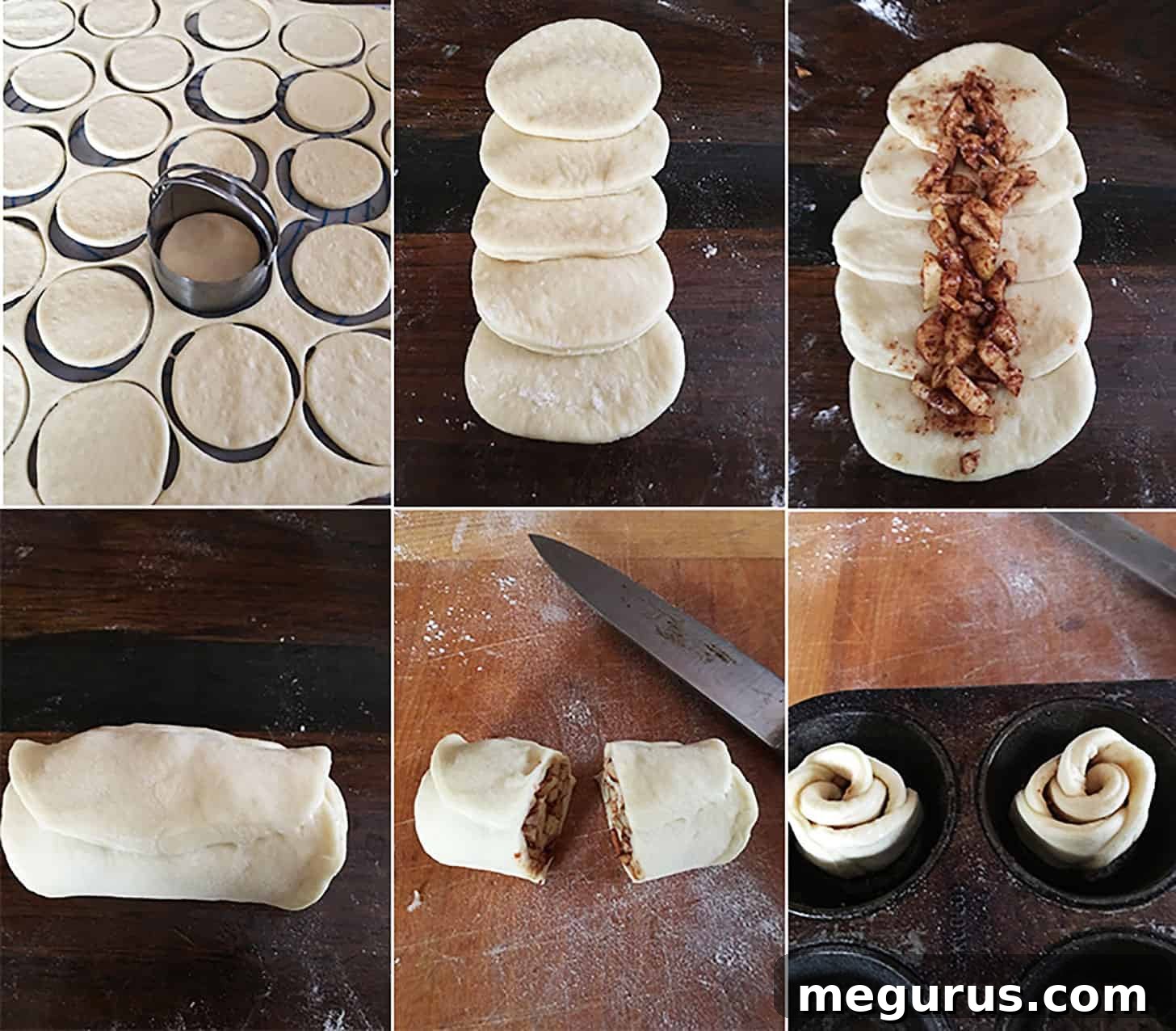 Step-by-step guide on how to shape apple cinnamon buns into a rose pattern.