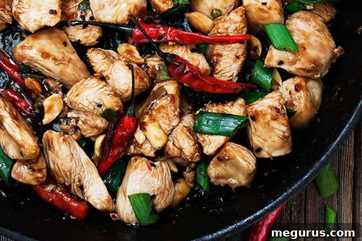 Spicy Kung Pao Chicken, garnished with green onions and sesame seeds