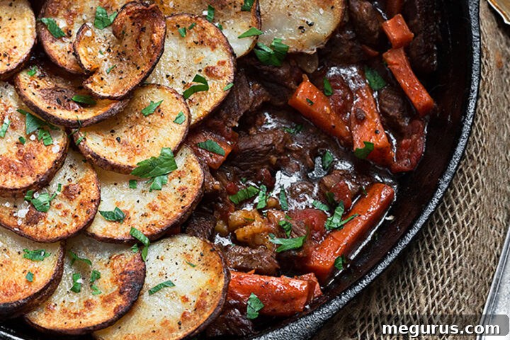 beef hot pot in cast iron skillet
