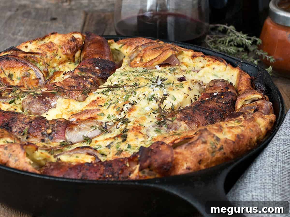 Traditional British Toad in the Hole freshly baked in a cast iron skillet, golden brown and puffed up