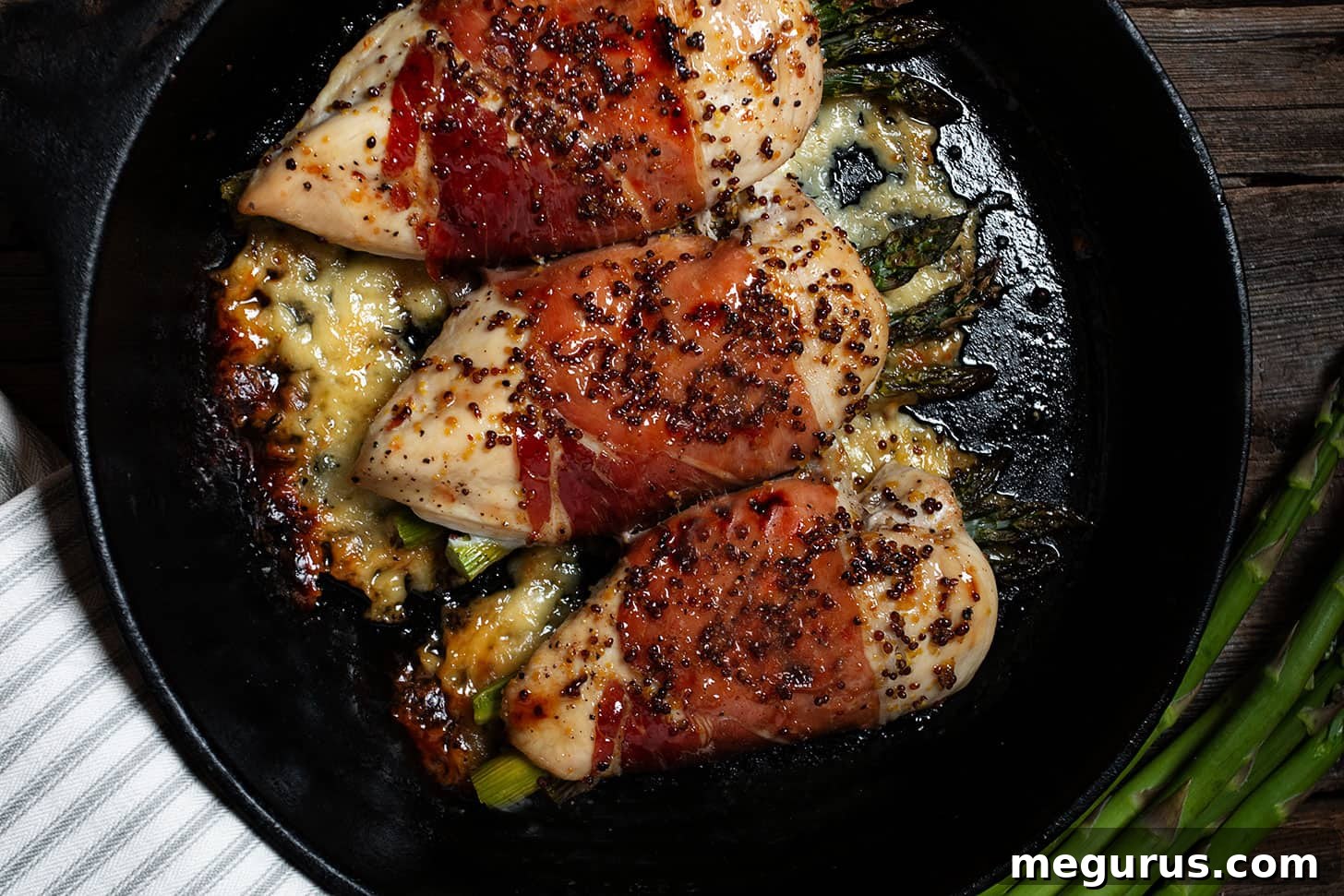 Asparagus and Havarti Stuffed Chicken Breasts in a Cast Iron Skillet