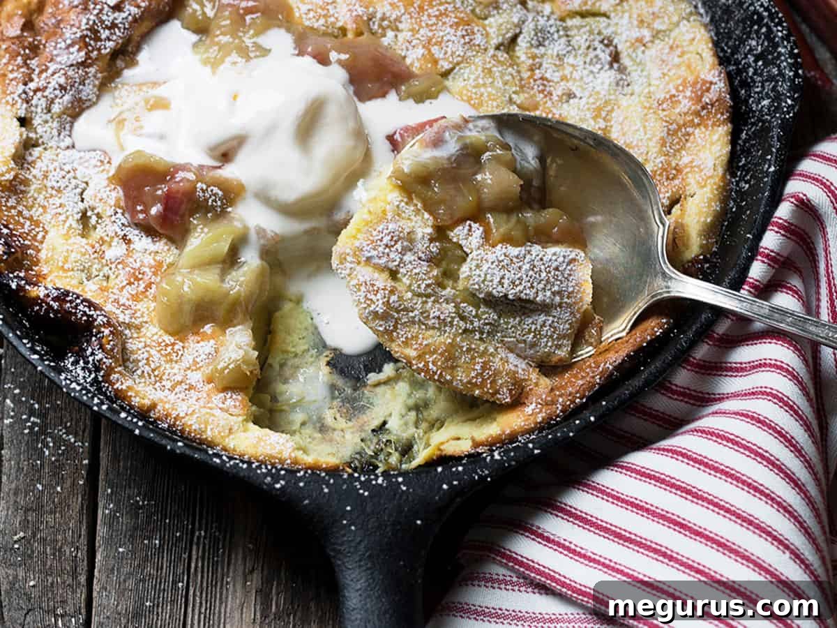 Rhubarb Dutch Baby in a perfectly seasoned cast iron skillet, golden brown with vibrant roasted rhubarb pieces on top.