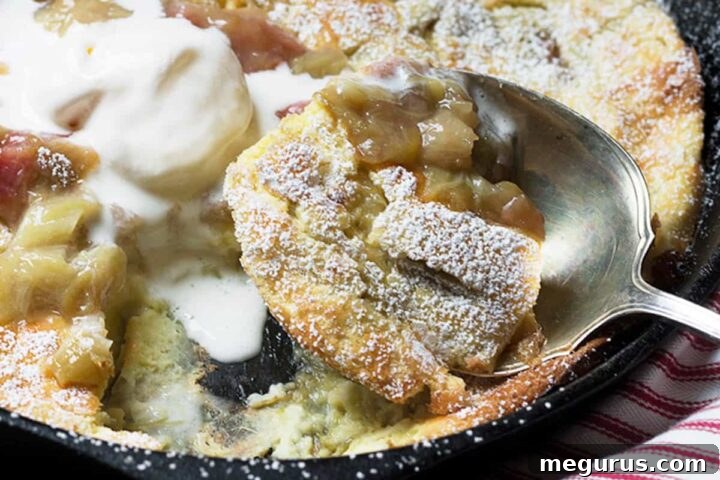 rhubarb dutch baby in cast iron skillet