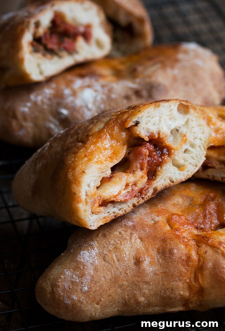 Two halves of freshly baked calzones showcasing diverse fillings: one with sundried tomato and bocconcini, the other with salami and roasted red pepper.