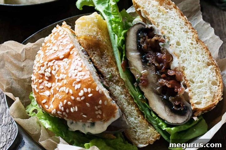 Bacon jam filled portobello mushroom burgers in skillet