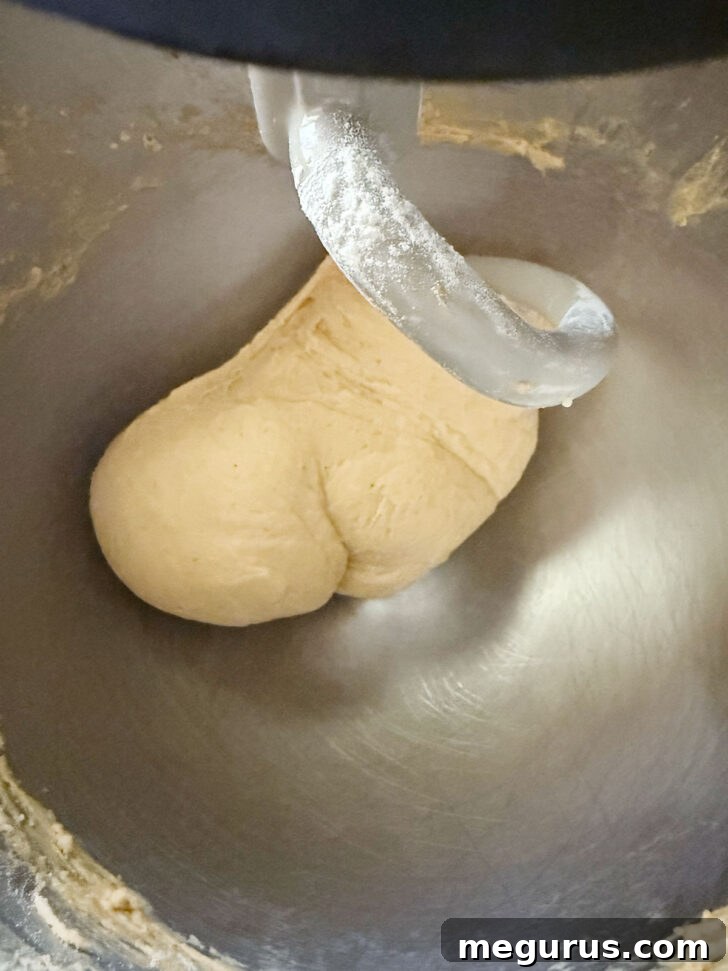 Finished, smooth dough in a stand mixer bowl after kneading.
