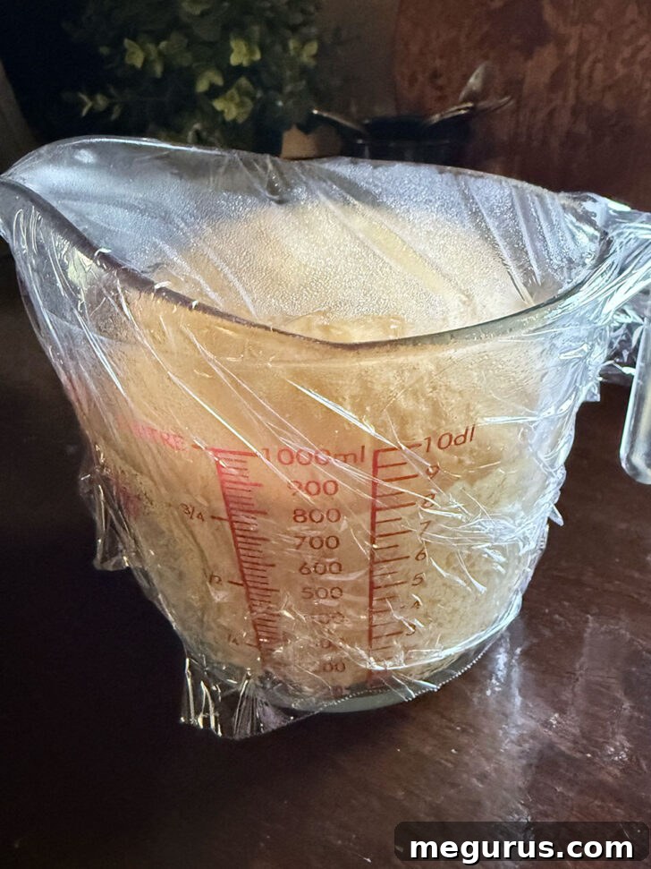 Dough in a bowl after it has doubled in size during the first proof.