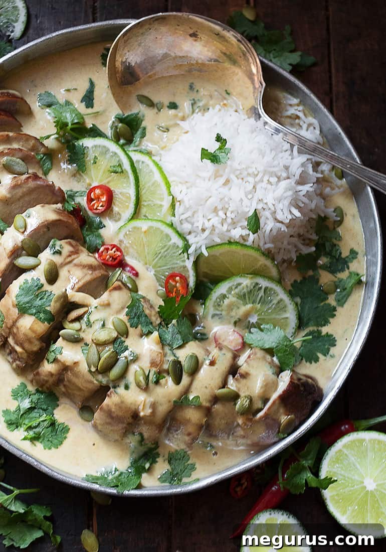 Close-up of Thai green curry pork tenderloin slices with fresh cilantro and lime