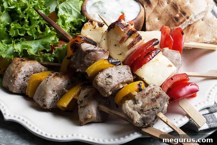 Pork souvlaki skewers with halloumi and pepper skewers