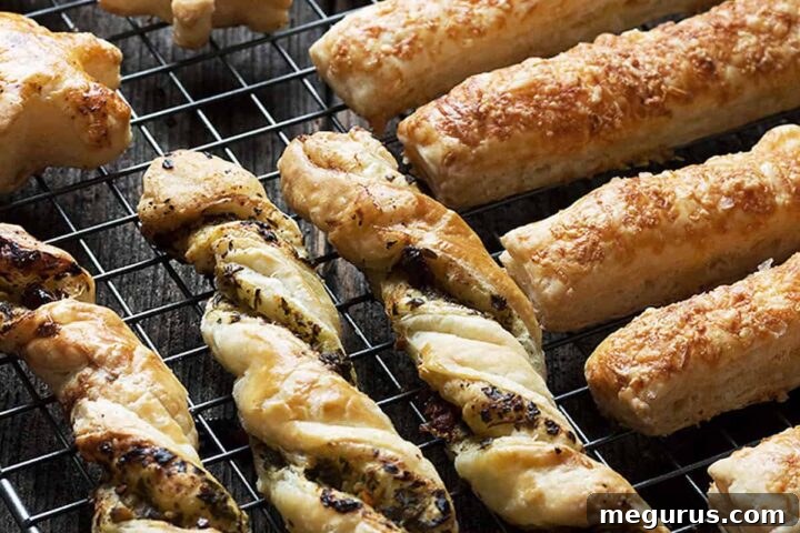 Puff pastry appetizers on a cooling rack