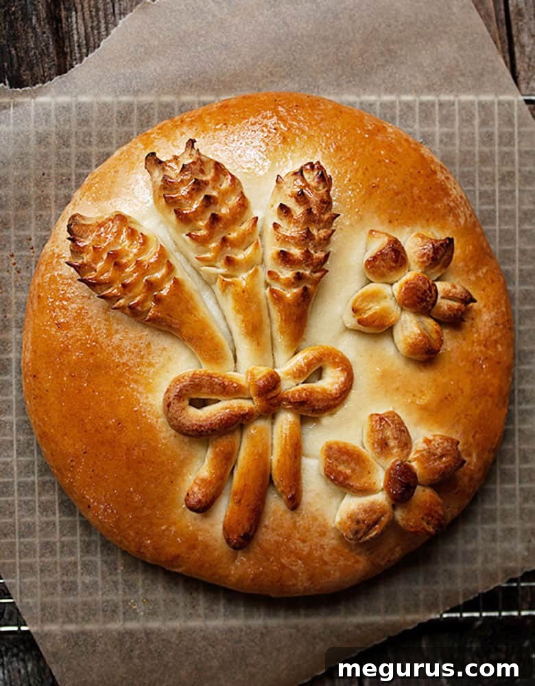 Close-up of Bulgarian Christmas eve bread, showing dough decorations