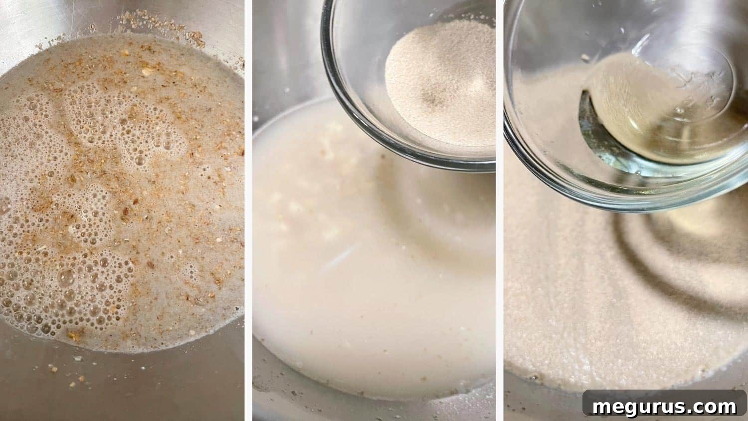 Image showing multi-grain cereal soaking in a bowl and later, yeast and oil being added to the mixture, preparing the dough base.