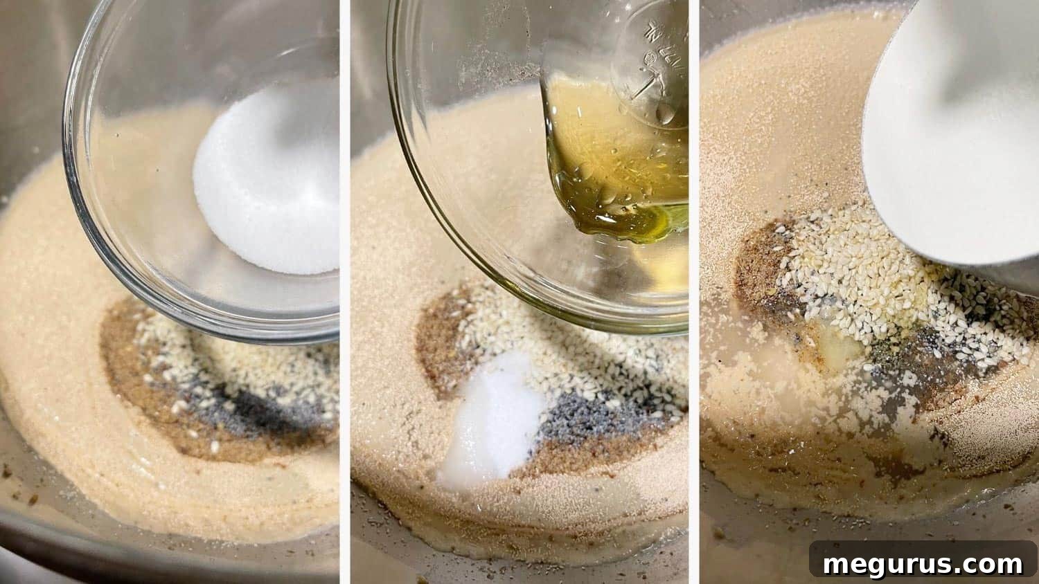 Close-up of dough in a mixer bowl, with salt, honey, and a variety of seeds being added to the mixture.