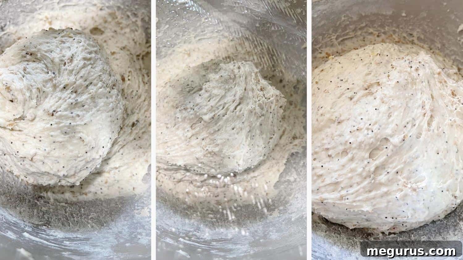 Multigrain bread dough after initial mixing and a brief rest in the mixer bowl, showing its wet, loose consistency.