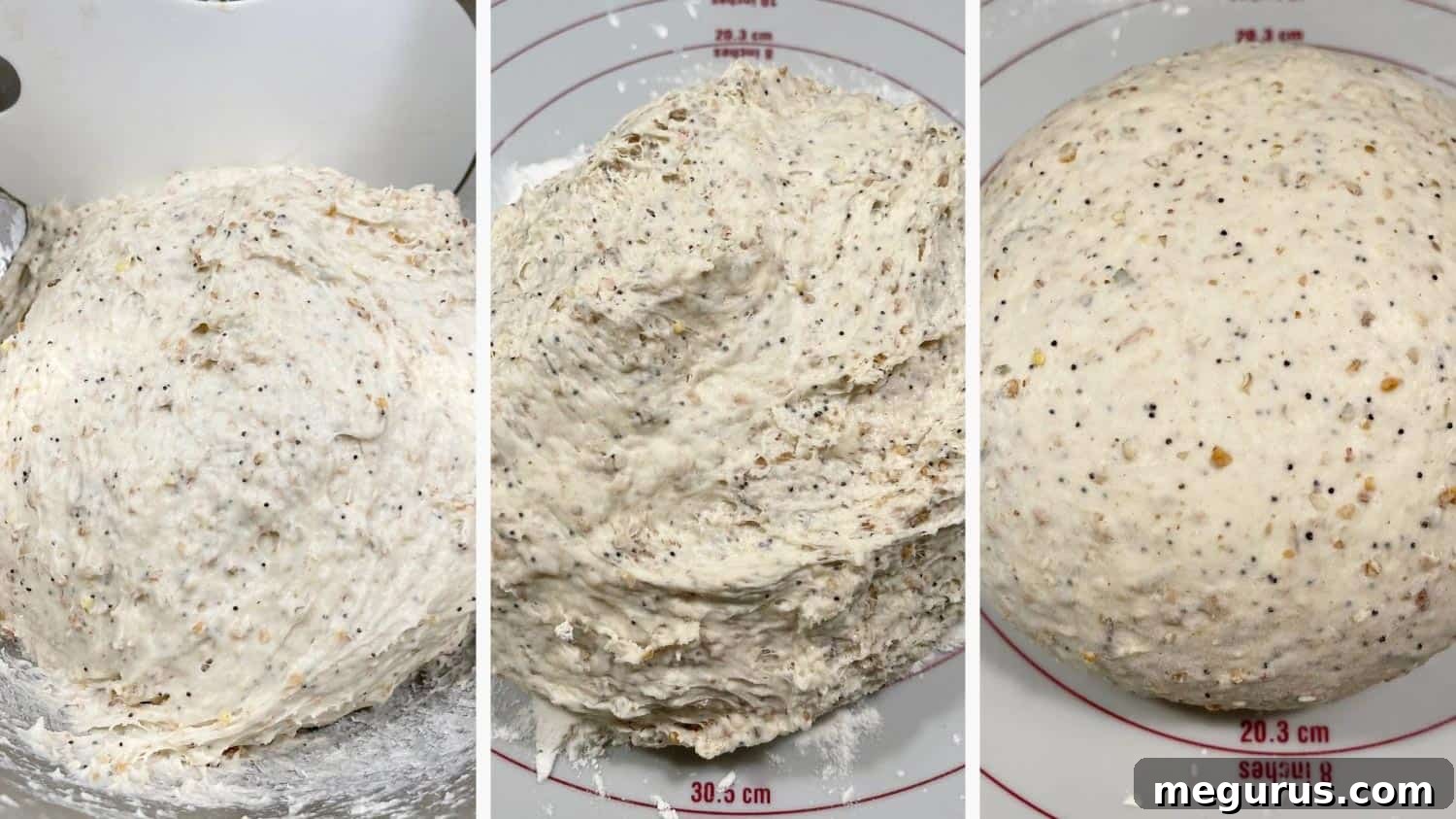 Multigrain bread dough resting on a lightly floured work surface after the initial mixing phase.