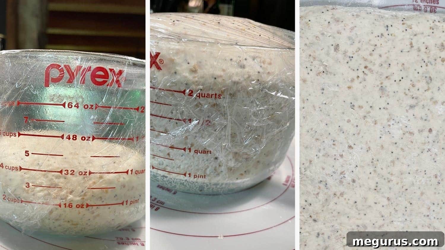A two-part image showing multigrain bread dough set to rise in a mixing bowl and then the risen dough being rolled out.