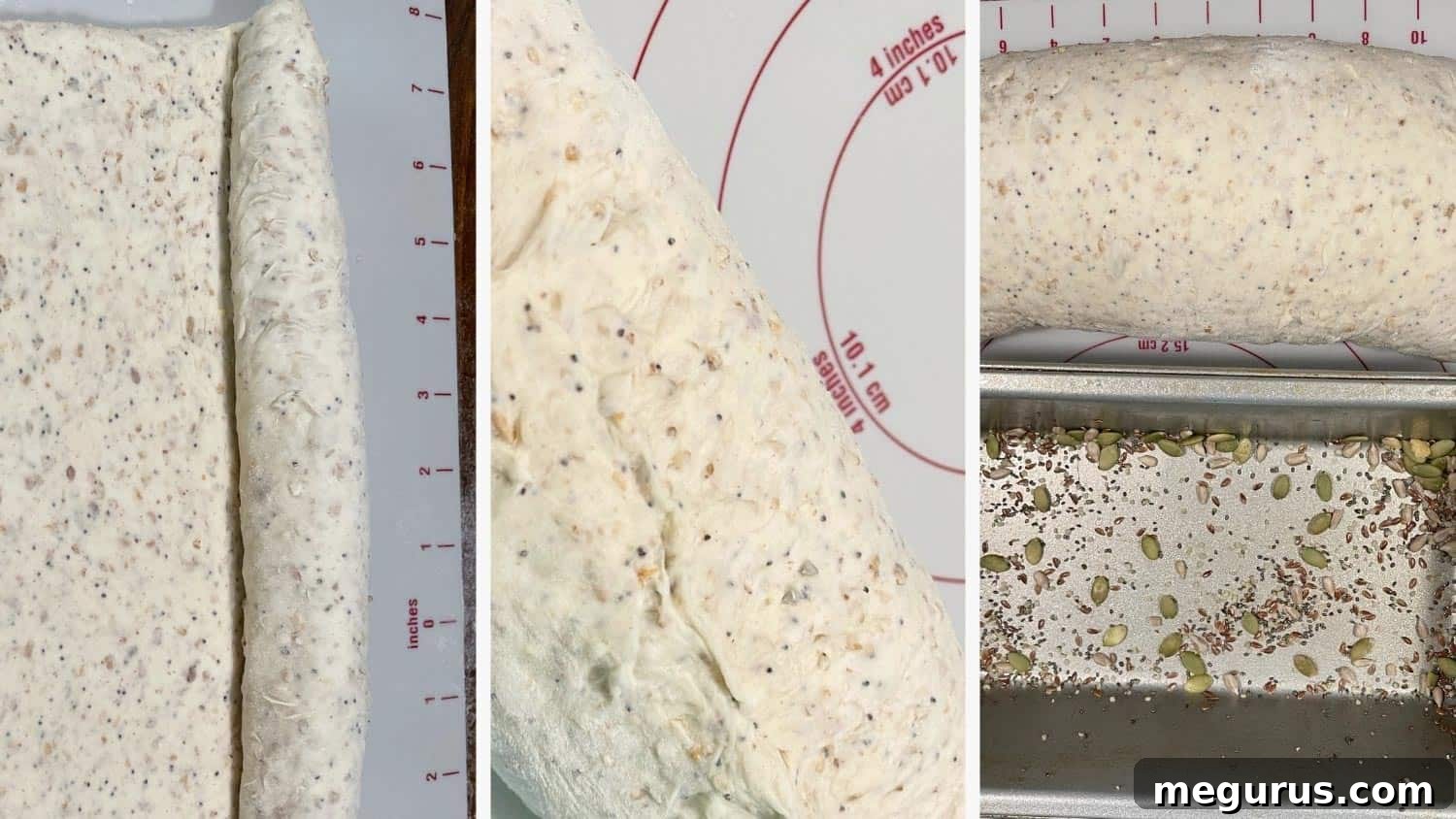 Image displaying the process of rolling multigrain bread dough into a rectangle, followed by rolling it up jelly-roll style, and preparing the loaf pan with seeds.
