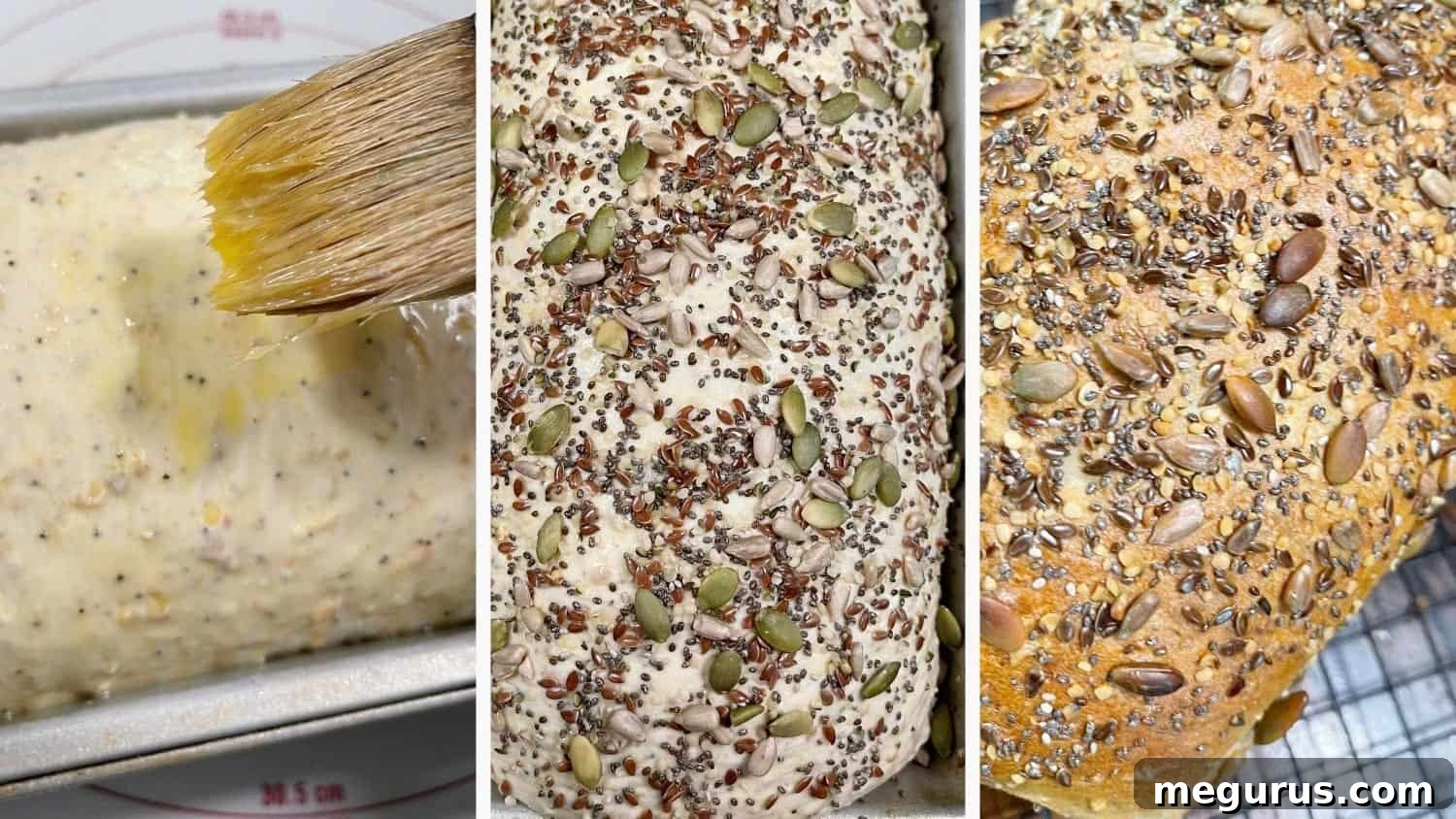 Process of applying egg wash to the risen bread dough and sprinkling it with a seed mix before baking.