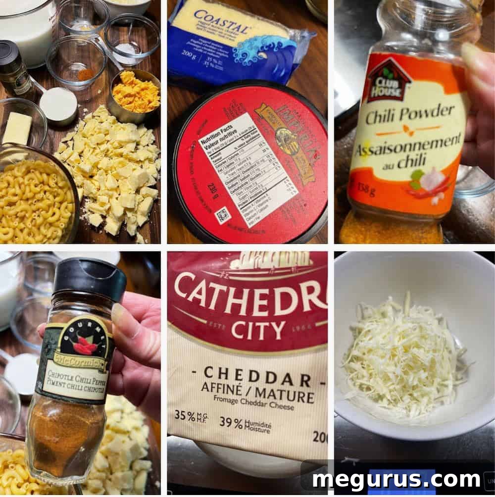 photo collage of ingredients for creamy mac and cheese