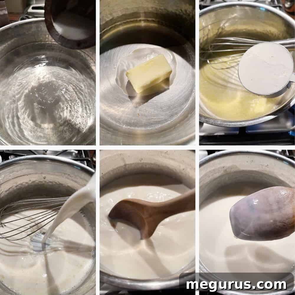 Photo collage of steps to make creamy mac and cheese 1