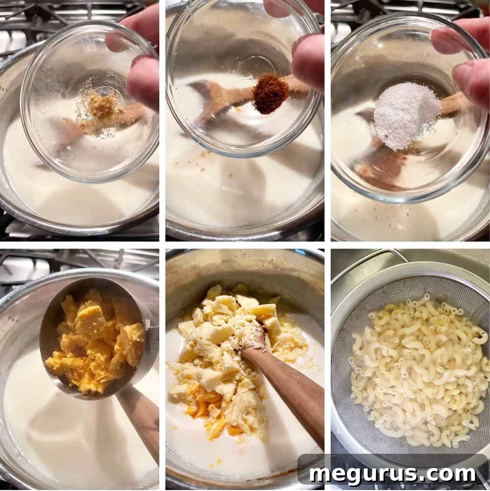 Photo collage of steps to make creamy mac and cheese 2