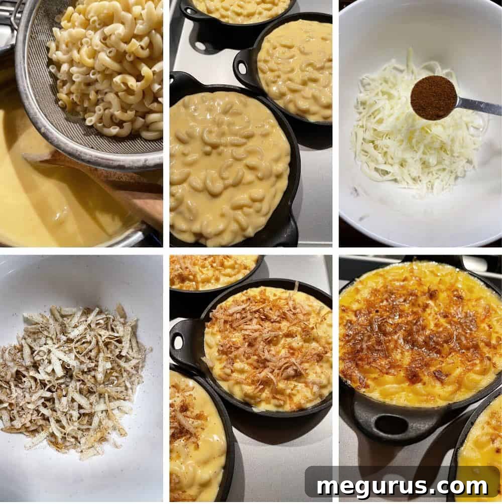 Photo collage of steps to make creamy mac and cheese 3