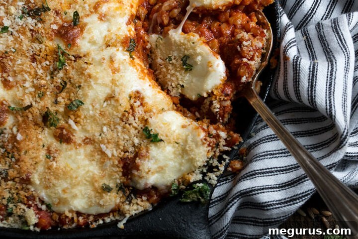 Sausage and Farro Parmesan in a skillet, garnished with fresh herbs