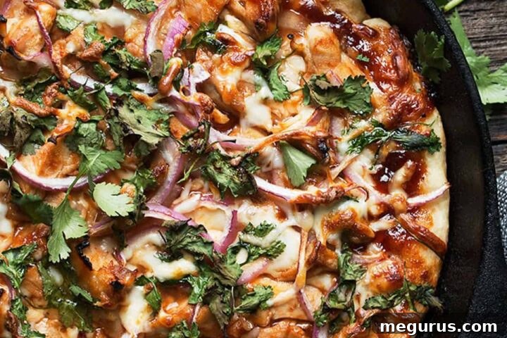 Whole BBQ Chicken Skillet Pizza ready to be served